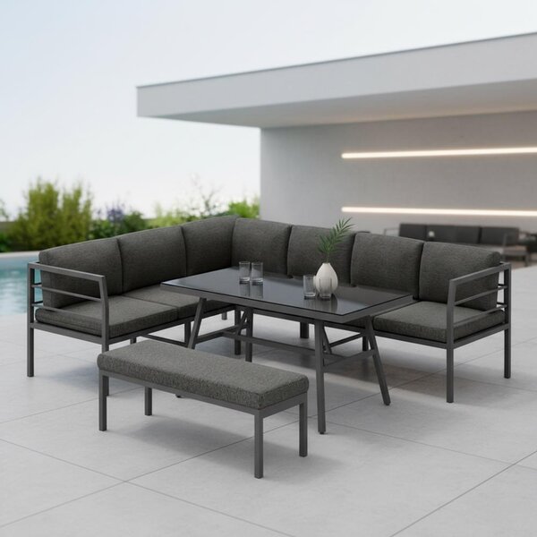 Mucola set da pranzo divano angolare in alluminio con panca tavolo grigio resistente alle intemperie oasi relax mobili da giardino set angolare divano mobili da esterno