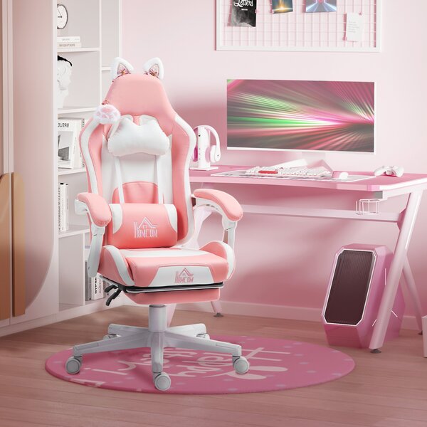 HOMCOM Sedia da Gaming Ergonomica con Orecchie da Gatto, Poggiapiedi, Supporto Lombare e Cervicale, Rosa