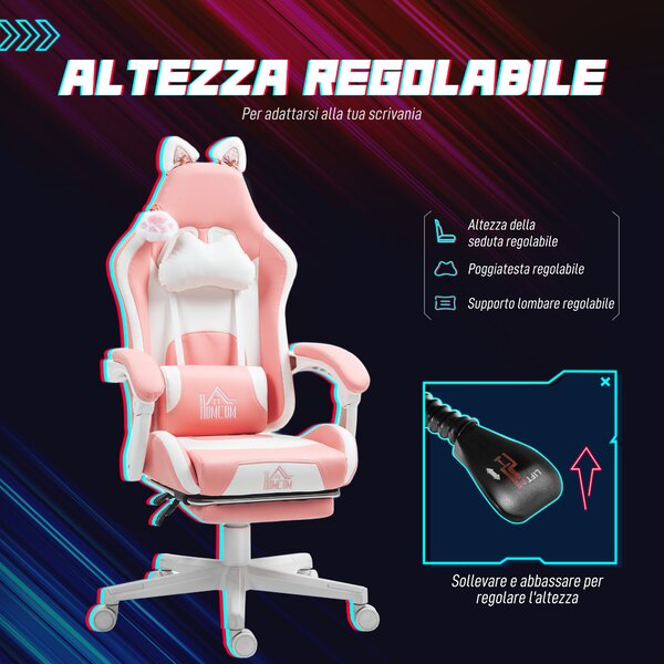 HOMCOM Sedia da Gaming Ergonomica con Orecchie da Gatto, Poggiapiedi, Supporto Lombare e Cervicale, Rosa