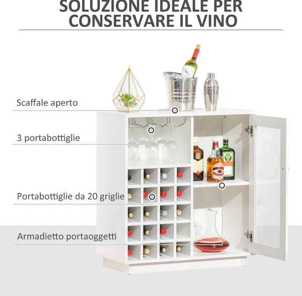 HOMCOM Mobiletto Portabottiglie Vini con Porta Calici e Armadietto, Capacità 20 Bottiglie, 80x36x85 cm, Bianco
