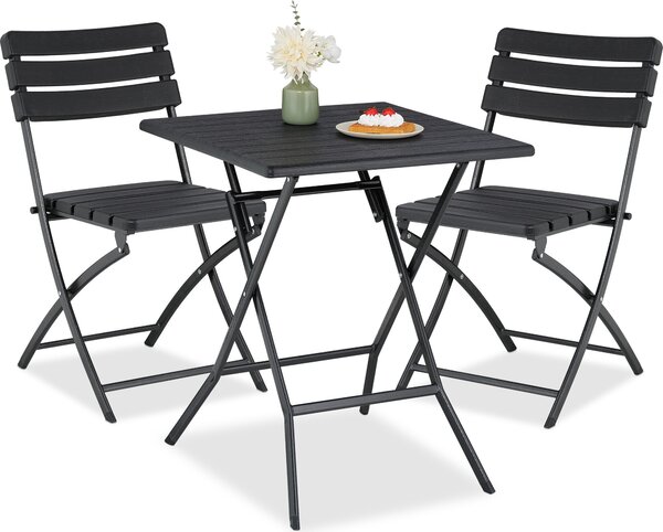 Set di mobili da balcone Relaxdays, 3 pezzi, 1 tavolo e 2 sedie, pieghevoli, set da giardino effetto legno, acciaio e plastica, nero