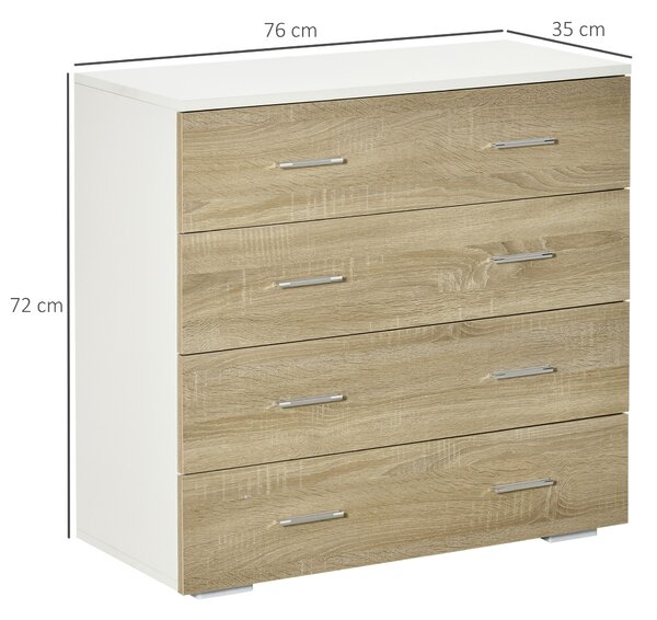 HOMCOM Cassettiera con 4 Cassetti in Legno e Maniglie in Alluminio, 76x35x72 cm, Bianco e Rovere | Aosom Italy