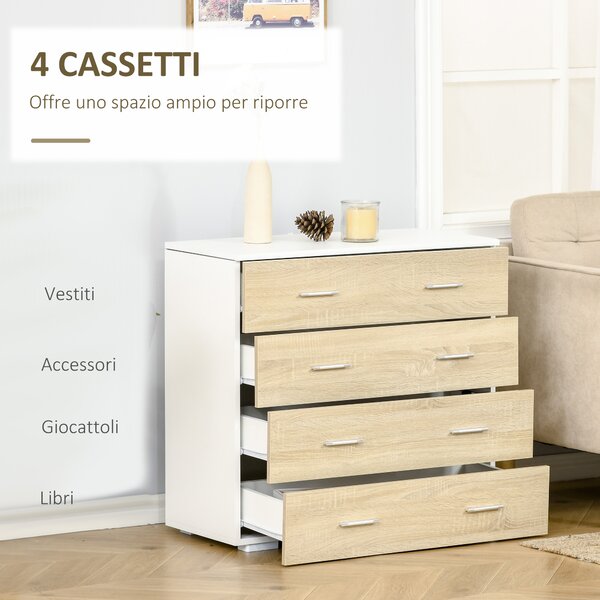 HOMCOM Cassettiera con 4 Cassetti in Legno e Maniglie in Alluminio, 76x35x72 cm, Bianco e Rovere | Aosom Italy