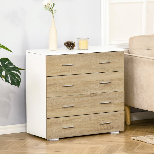 HOMCOM Cassettiera con 4 Cassetti in Legno e Maniglie in Alluminio, 76x35x72 cm, Bianco e Rovere | Aosom Italy