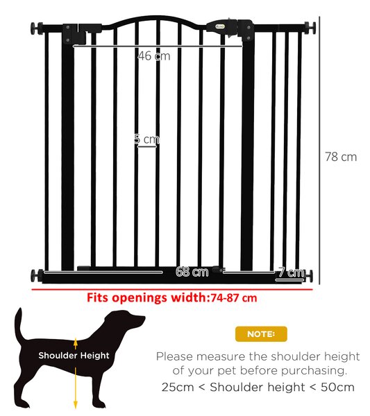 PawHut Cancelletto per Cani Estensibile con 2 Blocchi e Chiusura Automatica, in Metallo e Plastica, 74-87x78 cm, Nero
