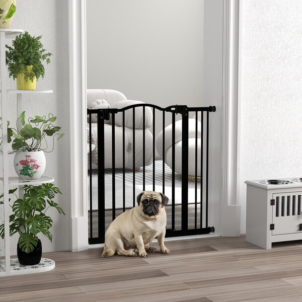 PawHut Cancelletto per Cani Estensibile con 2 Blocchi e Chiusura Automatica, in Metallo e Plastica, 74-87x78 cm, Nero