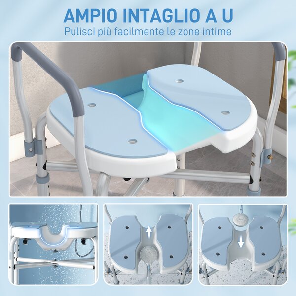 HOMCOM Sgabello da Doccia con Seduta Scanalata e Braccioli, Altezza Regolabile e Piedini Antiscivolo, Azzurro