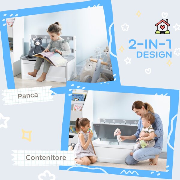 ZONEKIZ Cassapanca Moderna Portagiochi 2 in 1, Sedia per Bambini con Leva a Gas, in MDF e Legno di Pino, 60x30x50 cm, Bianco e Grigio|Aosom