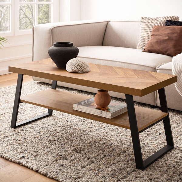 WOHNLING Tavolino da caffè 100x40x41 cm Tavolo da divano marrone con motivo a spina di pesce Tavolo da soggiorno Tavolo rettangolare da salotto moderno con ripiano Tavolino da caffè