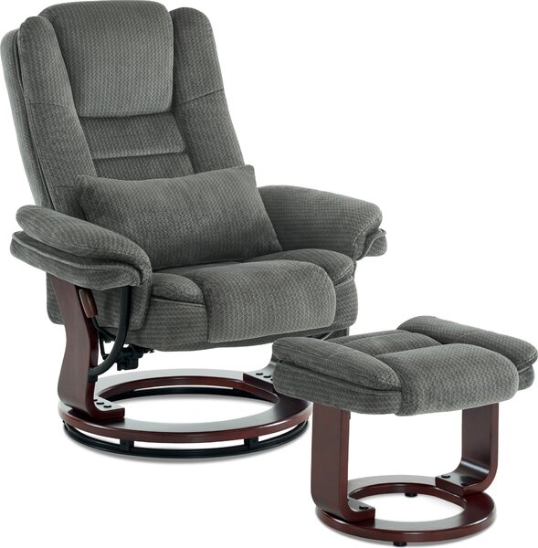 Poltrona relax con funzione reclinabile, poltrona TV girevole a 360° con sgabello, poltrona TV per soggiorno con portata fino a 120 kg, con cuscino e tasca laterale, comoda poltrona da lettura, 9099 (tessuto grigio)