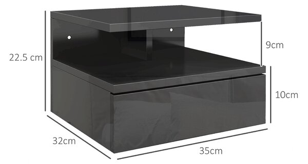 HOMCOM Set da 2 Comodini Moderni Sospesi con Cassetto e Mensola in Legno 35x32x22.5cm, Nero Lucido