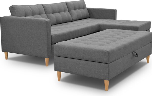 3xDivano angolare living MALORY - divano letto moderno con poggiapiedi, grigio, gambe in legno, pouf montabile su entrambi i lati, larghezza 220 cm, 6 varianti di colore