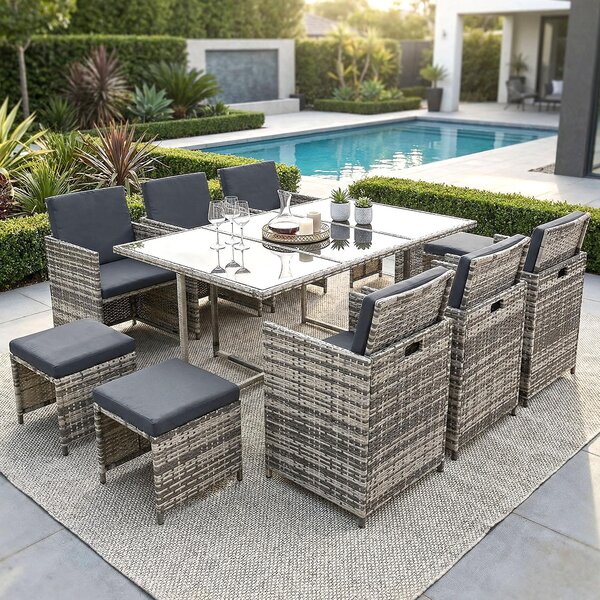Gruppo di sedute in poly rattan tavolo da pranzo salotto mobili da giardino set di sedute da 11 pezzi 1x tavolo + 6x sedie + 4x sgabelli - grigio