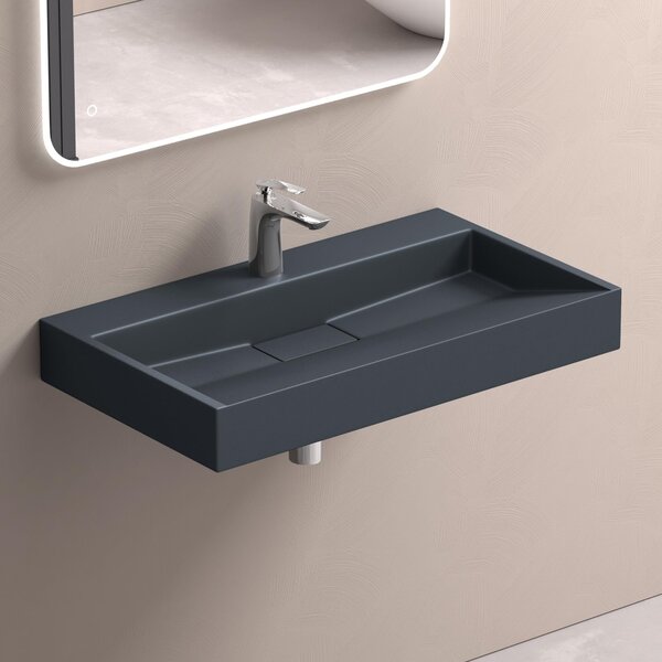 Doporro Lavabo da Appoggio Bagno Sospeso Lavandino Rettangolare in Marmoresina con Piletta di Scarico Inclusa Colossum19, 70x46x11 cm Antracite Opaco Monoforo