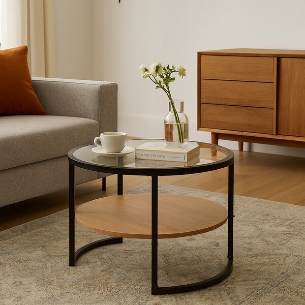 Tavolino da salotto rotondo nero/di colore naturale con effetto rovere ø 68 cm Zanu – Bonami Essentials