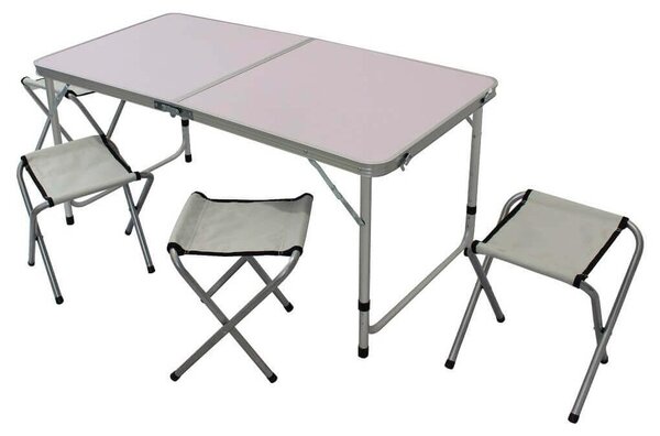 Set tavolo da campeggio pieghevole con 4 sgabelli 120x60x36 cm