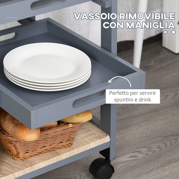 HOMCOM Carrello da Cucina con Cassetto, 2 Vassoi Estraibili e Ripiano Fisso, in Legno di Pino e MDF, 37x37x76 cm|Aosom