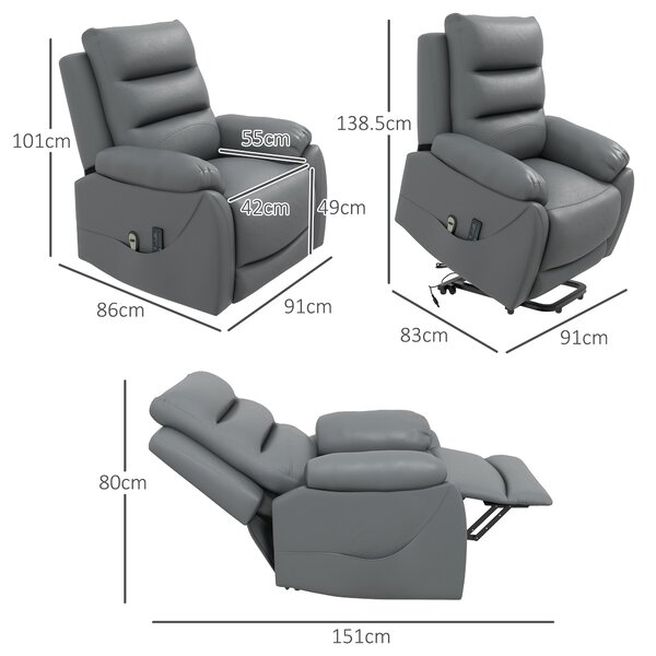 HOMCOM Poltrona Relax Elettrica Alzapersona Massaggiante Reclinabile fino a 135° con Poggiapiedi e Telecomando, in Similpelle, Grigio|Aosom