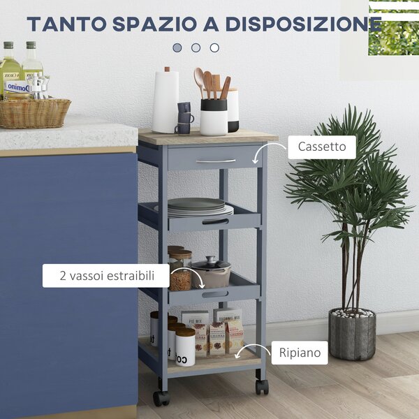 HOMCOM Carrello da Cucina con Cassetto, 2 Vassoi Estraibili e Ripiano Fisso, in Legno di Pino e MDF, 37x37x76 cm|Aosom