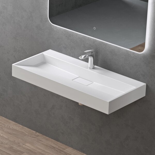 Doporro Lavabo da Appoggio Bagno Sospeso Lavandino Rettangolare in Marmoresina con Piletta di Scarico Inclusa Colossum19, 90x46x11 cm Bianco Opaco Monoforo