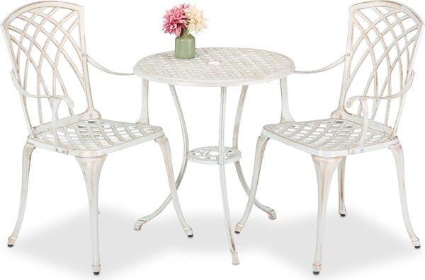 Set di mobili da giardino Relaxdays, 3 pezzi, tavolo e 2 sedie, fusione di alluminio, mobili da balcone in stile antico, salottino da giardino, bianco/bronzo