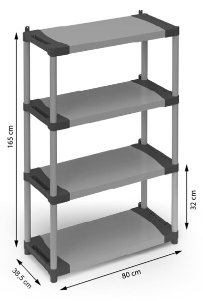Scaffale Libreria 4 Ripiani In Resina PVC Dimensioni 80x40x h 165 cm Portata max 80 kg , line a Modular System colore grigio
