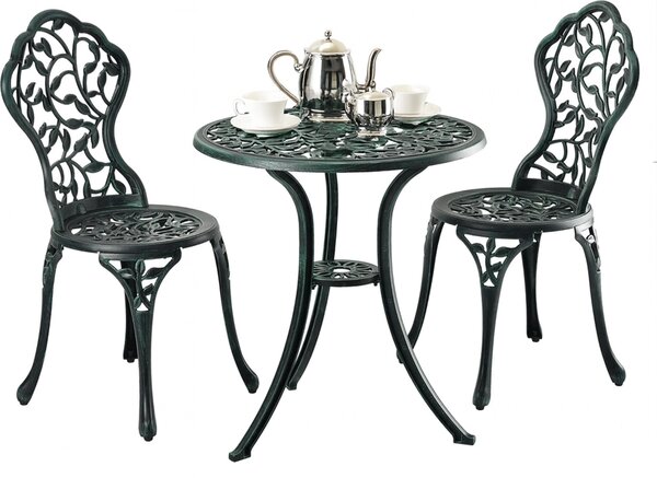Set di mobili da giardino Relaxdays, 3 pezzi, tavolo e 2 sedie, fusione di alluminio, mobili da balcone con motivo a foglie, salottino da giardino, verde
