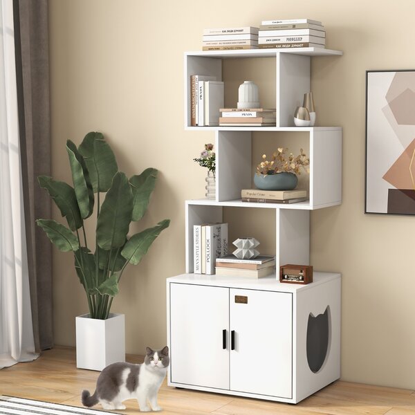 Costway Lettiera per gatti industriale con stoccaggio, Mobile moderno per animali domestici con ripiano a colonna Bianco