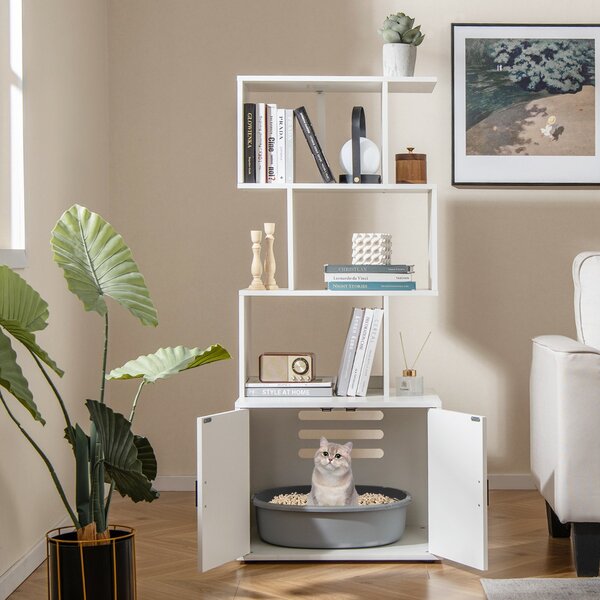 Costway Lettiera per gatti industriale con stoccaggio, Mobile moderno per animali domestici con ripiano a colonna Bianco