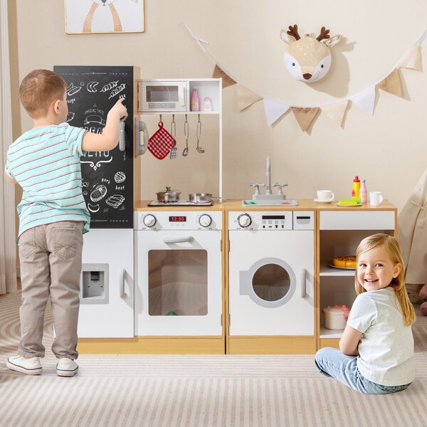Costway Cucina giocattolo in legno con spazio di archiviazione, Lavagna e accessori per bambini 3+ anni Naturale