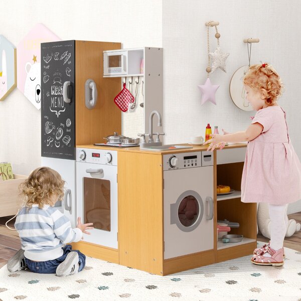 Costway Cucina giocattolo in legno con spazio di archiviazione, Lavagna e accessori per bambini 3+ anni Naturale