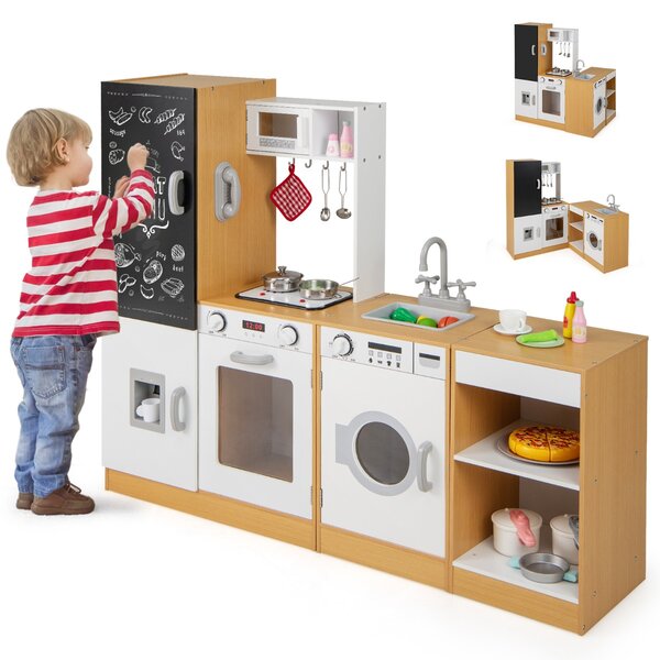 Costway Cucina giocattolo in legno con spazio di archiviazione, Lavagna e accessori per bambini 3+ anni Naturale