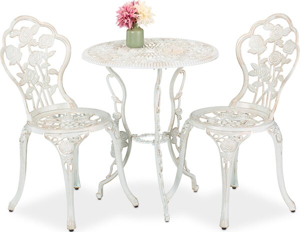 Set di mobili da giardino Relaxdays, 3 pezzi, tavolo e 2 sedie, mobili da balcone in stile vintage, fusione di alluminio, salottino da giardino, bianco/bronzo