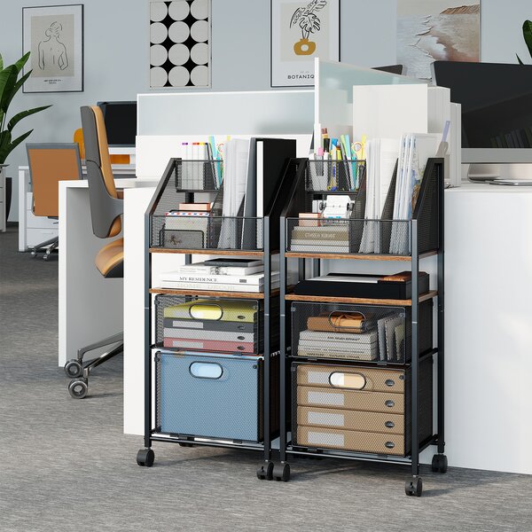 Costway Carrellino portadocumenti con struttura metallica pannello in legno, Carrello portalibri con 4 ruote per casa e ufficio Nero