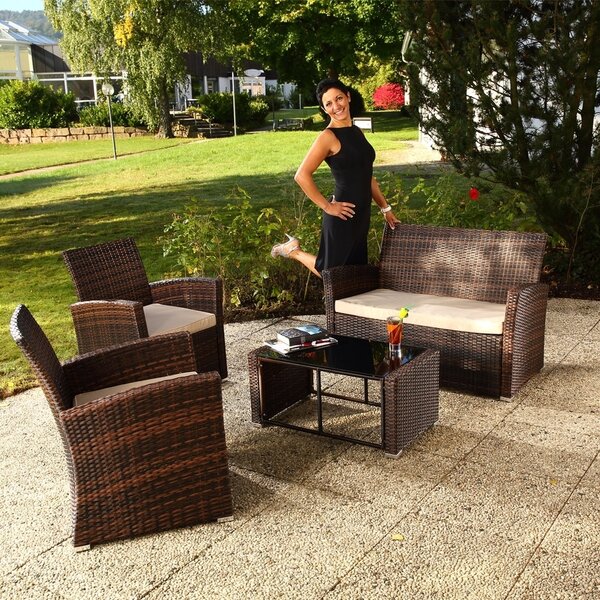 Melko mobili da giardino set di sedute 4 pezzi marrone/beige polyrattan lounge dining set