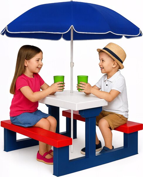 Spielwerk® Set Tavolo e 2 Panche per Bambini con Ombrellone da Giardino Sistema a Incastro in Plastica ABS Sedie Picnic Esterno Cameretta Interno Bimbi Giochi