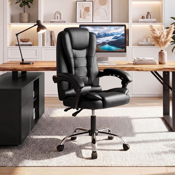 Costway Sedia da ufficio ergonomica rivestita in pelle pvc, Sedia da ufficio ergonomica rivestita in tessuto di lino Nero