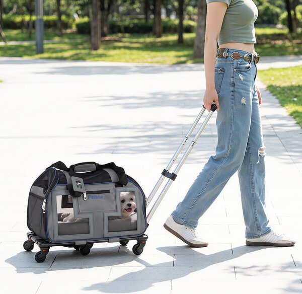 Costway Borsa da trasporto portatile per cani e gatti piccola taglia con cuscino cintura di sicurezza, Trasportino auto traspirante con ruote manico traccolla Blu