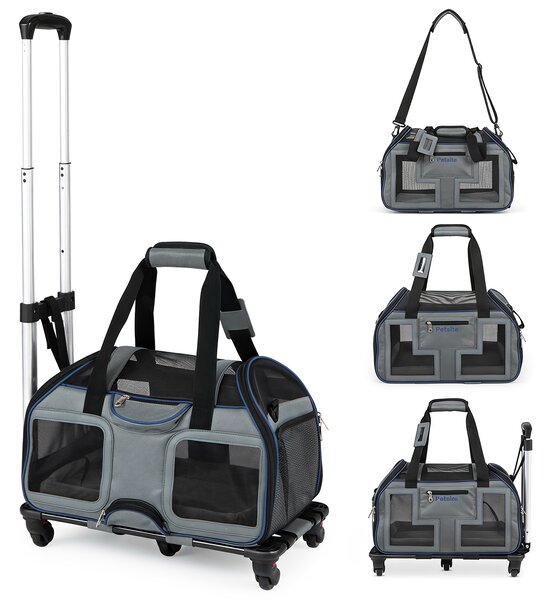 Costway Borsa da trasporto portatile per cani e gatti piccola taglia con cuscino cintura di sicurezza, Trasportino auto traspirante con ruote manico traccolla Blu