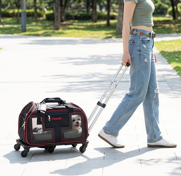 Costway Borsa da trasporto portatile per cani e gatti piccola taglia con cuscino cintura di sicurezza, Trasportino auto traspirante con ruote manico traccolla Rosso