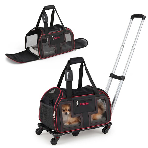 Costway Borsa da trasporto portatile per cani e gatti piccola taglia con cuscino cintura di sicurezza, Trasportino auto traspirante con ruote manico traccolla Rosso