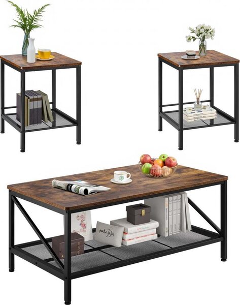 Set di tavolini industriali da 3 pezzi, 105 cm e 45 cm - Set di tavolini da divano con gambe in metallo - Tavolini quadrati per ufficio, soggiorno, casa