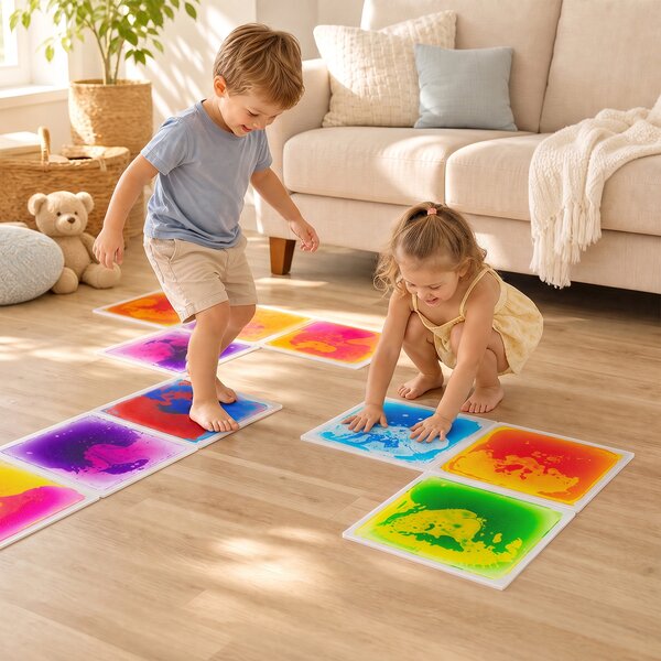 Costway Set di 6 piastrelle da pavimento tappetino salvaspazio per camerette e soggiorno, Tappeti sensoriali liquidi in pvc per bambini 3+ anni