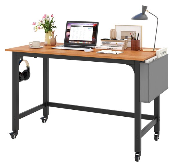 Costway Scrivania per computer con ruote bloccabili borsa rimovibile e ganci per cuffie, Scrivania da ufficio per laptop Marrone