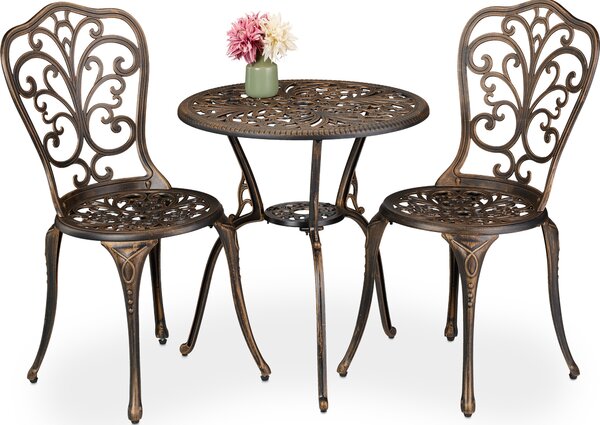 Set di mobili da giardino Relaxdays, 3 pezzi, tavolo, 2 sedie, fusione di alluminio, mobili da balcone in stile antico, salottino da giardino, nero/bronzo