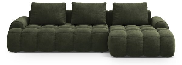 Divano angolare verde allungabile/con contenitore (con penisola a destra/con chaise lounge) con rivestimento in velluto Linz – Cosmopolitan Design