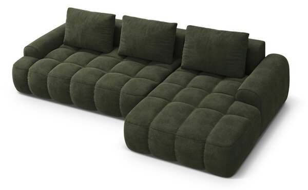 Divano angolare verde allungabile/con contenitore (con penisola a destra/con chaise lounge) con rivestimento in velluto Linz – Cosmopolitan Design