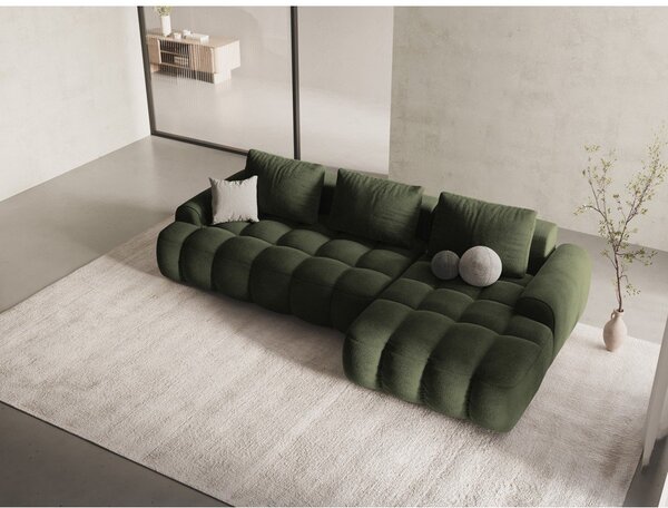 Divano angolare verde allungabile/con contenitore (con penisola a destra/con chaise lounge) con rivestimento in velluto Linz – Cosmopolitan Design