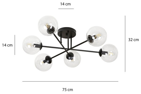 Lampadario da soffitto Brendi 6B Nero con sfere trasparenti E14