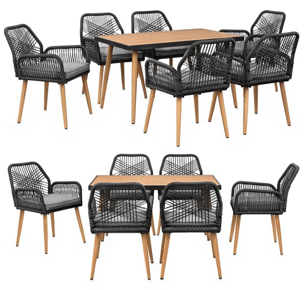 Gruppo da giardino con tavolo e 6 sedie - resistente alle intemperie - rete in corda - tavolo da pranzo in WPC - cuscini di seduta - gruppo da pranzo per esterni - antracite/legno